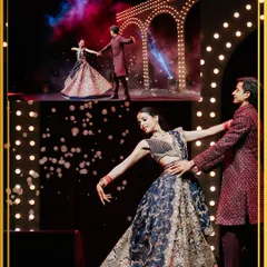 A romantic couple's duet is a cornerstone of any sangeet. We choreographed this piece to reflect the couple's chemistry, combining graceful lifts and classic Bollywood poses against a stunning, light-filled stage setup at the Umaid Bhawan Palace.