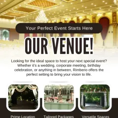 Your perfect event starts here. This promotional graphic for our Rimberio venue highlights our key advantages: a prime location, tailored packages, and versatile spaces for weddings, corporate meetings, and more.