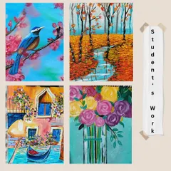 A showcase of the four beautiful paintings taught in our recent acrylic course: a bluebird, an autumn river, a Venice scene, and a floral bouquet.