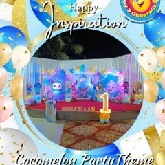 This graphic showcases a Cocomelon party theme I created for Shrehaan's first birthday. The stage setup included a full cast of characters, a vibrant balloon arch, and a number "1" balloon to mark the milestone.