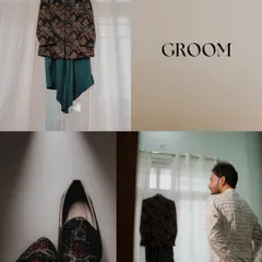 A collage showcasing the groom's reception attire, from the stylish jacket hanging in anticipation to his final dapper look.