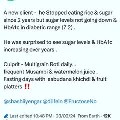 A new client was frustrated because he had stopped rice and sugar for two years, but his HbA1c was still in the diabetic range. I helped him identify the hidden culprits: multigrain roti, fruit juices, and "healthy" fasting foods like sabudana. Understanding the total carb load is key.