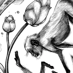 Another detail, this time focusing on the langur and the lotus flower. Every element is carefully placed to contribute to the overall composition.