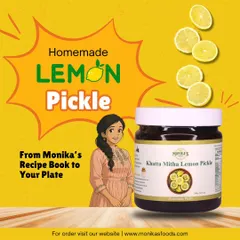 From my personal recipe book, straight to your plate. This graphic celebrates my Khatta Mitha Lemon Pickle, a flavour that is close to my heart and a favourite among my customers.