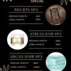 Indulge in a relaxing and nourishing hair spa. I offer several options including BIO BTX Spa for repair, Streax Hair Spa for shine, and Argan Hair Spa for deep moisturization, with prices tailored for medium and long hair.