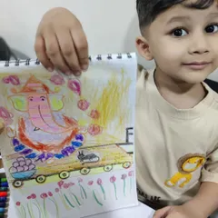 This young artist's drawing of Ganesha on a cart, complete with a bowl of multi-coloured ladoos, is a perfect example of letting imagination lead the way. There are no rules in art, only stories waiting to be told.