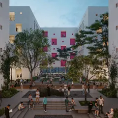 A render of the student hostels at Warangal University, designed as a vibrant community space. We envisioned the central courtyard as the heart of the hostel, a place for interaction, study, and relaxation, blending landscaping with social seating to create a dynamic environment for 4,300 students.