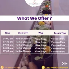 Here's what we offer. This schedule shows our weekly Hatha, Core Yoga, and Vinyasa Flow classes available at our Bangalore studios.