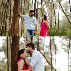 A collage of intimate moments in the woods. From a shared glance to a tender kiss, these photos tell a story of love that is both playful and deeply affectionate.