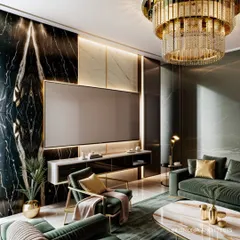 We designed this media wall with integrated storage and dramatic black and white marble. The setup is complemented by a plush green sofa and a multi-tiered gold chandelier, making it a perfect space for both entertainment and relaxation.