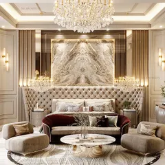 We believe a bedroom should be a sanctuary. For this master suite, we combined the timeless elegance of Neoclassical design with modern comforts, using a polished marble back wall, plush fabrics, and warm golden accents to create a space that feels both grand and serene.