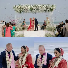 A collage of moments from a beautiful beachside wedding ceremony. From the couple's first kiss as newlyweds to quiet blessings, these frames capture the blend of grand scenery and personal emotion that makes destination weddings so special.