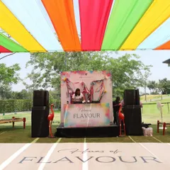 The DJ booth for the Holi party, featuring a custom backdrop and flanked by quirky pink flamingo props.