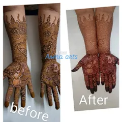 This shows the magic of organic henna. The 'before' is the freshly applied paste, and the 'after' is the rich, dark maroon stain it develops into after 48 hours, with no chemicals involved.