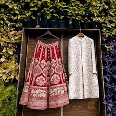 A beautifully styled shot of the bride's and groom's wedding outfits, the red lehenga and ivory sherwani, hanging against a lush green wall.