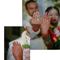 A collage from a ring ceremony, focusing on the couple proudly displaying their rings. The intricate mehendi on the bride's hands adds another layer of traditional beauty.