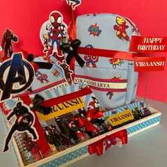 A superhero-themed birthday hamper that's sure to be a hit with the little ones. This Avengers set includes a personalised backpack, stationery, and other fun goodies, all packed in a themed tray with a custom birthday tag.