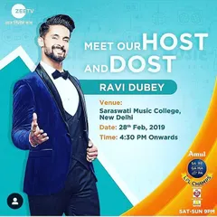 My venue is a trusted partner for national talent hunts. Here is a poster from when I hosted the host of Zee TV's Sa Re Ga Ma Pa Lil Champs, Ravi Dubey, for a special meet and greet and audition session, providing a platform for aspiring young singers.