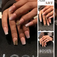 A collage showing an elegant ombre nail design with a touch of glamour. The ring finger features a subtle gold leaf accent, adding a unique detail to the classic gradient effect perfect for a wedding event.