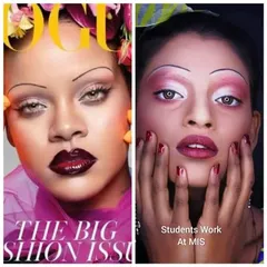 I'm incredibly proud of my students' work. This is a recreation of a famous Vogue cover, showcasing the advanced eyebrow-erasing technique taught in my media makeup diploma course.