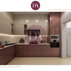 A look at a modern kitchen with a dual-tone color scheme. I used a dusty rose for the lower cabinets and a neutral beige for the upper ones, all in a high-gloss finish. The under-cabinet lighting provides excellent task illumination while adding to the ambiance.