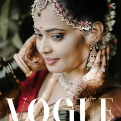 A close-up bridal portrait styled like a magazine cover, highlighting the intricate details of the bride's traditional South Indian attire, jewelry, and confident expression.