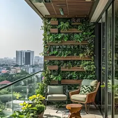 We transformed this high-rise balcony into a lush green oasis. A custom vertical garden wall adds life without taking up floor space, complemented by comfortable wicker and metal seating perfect for enjoying the city view.