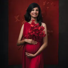 Holding a bouquet of matching red florals, this portrait adds a touch of softness to the bold color, celebrating the life blooming within.