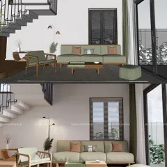 Another before-and-after comparison, this time for a living room. You can see how the concept for a minimalist duplex living space was brought to life with careful planning and execution.