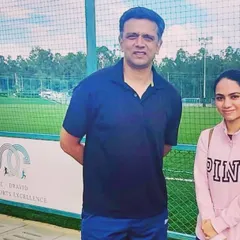 A picture of a national team shooter with cricket legend Rahul Dravid at the Padukone-Dravid Centre for Sports Excellence.