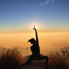 The Gyan mudra in this Reverse Warrior pose signifies knowledge and concentration. Practicing it against the backdrop of a Himalayan sunset helps to focus the mind and absorb the wisdom of the mountains.