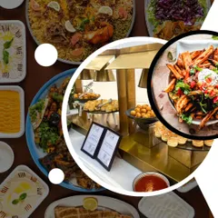 A collage showcasing the diversity of our corporate catering menu, from large platters of biryani and grilled items to stylish buffet stations with hot appetizers.