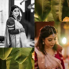 A collage from the Godh Bharai, showing different angles and moments. It combines a classic portrait with details of the beautiful, traditional banana leaf decor.