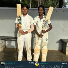 Aarushi and Pratiksha celebrating a brilliant 100-run partnership. We focus on building strong batting pairs who can anchor an innings.