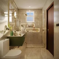 This compact bathroom is designed for modern luxury, with a rich green floating vanity and gold accents. The design includes a glass shower partition and backlit niches to maximize the sense of space and light.