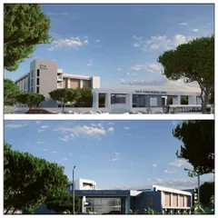 Two perspectives of the Delhi Public School in Kota. The design features clean lines, ample natural light, and welcoming entrances to create an environment conducive to learning.