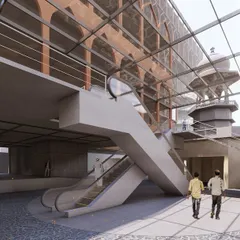 An interior view of the proposed Russell Market expansion. This rendering shows how new escalators and walkways would connect the old market with the new additions, creating a seamless public space that respects the original structure's domes.