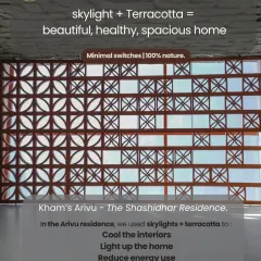 A perfect example of my philosophy in action at the Shashidhar Residence. The combination of a terracotta jali screen and a skylight naturally cools and illuminates the interior, reducing the need for artificial lights and air conditioning.