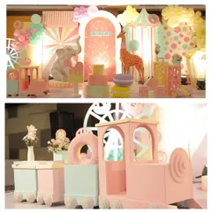 A collage of our pastel candyland party, featuring a life-sized elephant and giraffe, a pink train, and a sprinkle-themed backdrop.