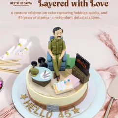 This is what I mean when I say I turn your story into a cake. Created for a 45th birthday, this design captures a slice of life, complete with a favorite armchair, Netflix on the TV, dumbbells for a workout hobby, and other personal details that tell a unique story.