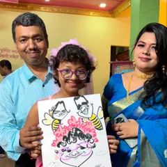 A sweet family portrait with their little honeybee. Group caricatures are a wonderful way to create a fun and lasting family memory.