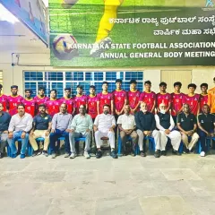 Our U17 boys, Rakshit and Advik, pictured with the Karnataka U20 Men's team officials after being selected for the Swami Vivekananda U20 National Football Championship.