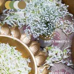 Delicate baby's breath paired with a traditional brass urli filled with jasmine. We often mix modern floral trends with timeless Indian decor elements to create a fresh and elegant look.