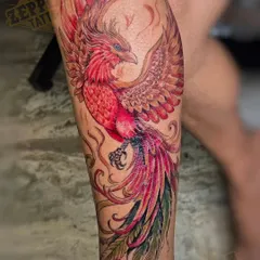 A phoenix represents rebirth and resilience, and I used a vibrant red and orange palette to bring that fiery energy to life. This watercolor style tattoo was designed to flow with the calf muscle, making the phoenix appear as if it's rising in motion.