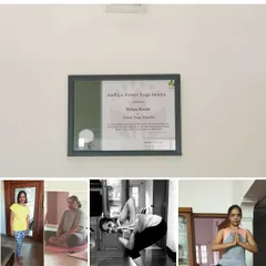 A picture says it all. This collage shows the journey of a student, from her first days to earning her Power Yoga Teacher certificate, showcasing the physical and personal growth that comes with dedication.