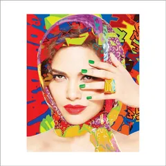 A pop-art inspired fashion portrait of Esha Gupta, created in the style of artist James Gill. The collage of bright colors and graphic elements creates a visually explosive image.
