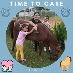 Time to care. Children learn to groom a horse together, an important lesson in responsibility and teamwork.