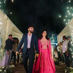 This is the magic of a cocktail event in a Malnad coffee estate. We created a grand entrance for the couple with a canopy of lights and cold pyro, setting a celebratory and serene tone for the evening.