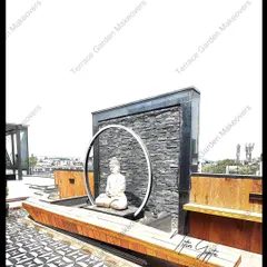 A centerpiece for a modern terrace, this water feature includes a sitting Buddha statue within a circular frame, set against a dark slate wall. It’s a design that merges spiritual calm with contemporary aesthetics.