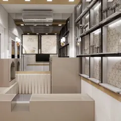 A look at the counter and display area of a jewellery store we designed in Mathura. The space is minimal yet elegant, with clean lines, soft lighting, and fluted details to create a sophisticated shopping environment.